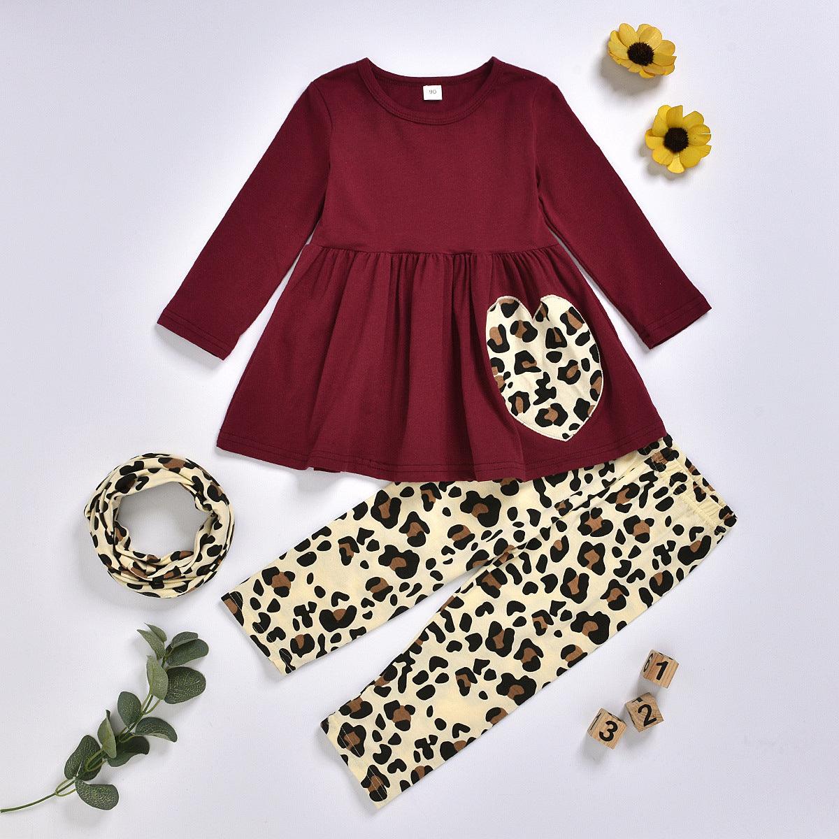 Toddler Girls Long Sleeve Love Dress Set Leopard Pants Set - PrettyKid