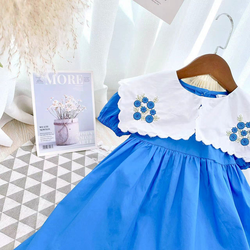 9M-6Y Cute Dresses For Girls Short Sleeve Thin Lapel Puff Sleeves Color Blocking Toddler Girl Wholesale Boutique Clothing - PrettyKid