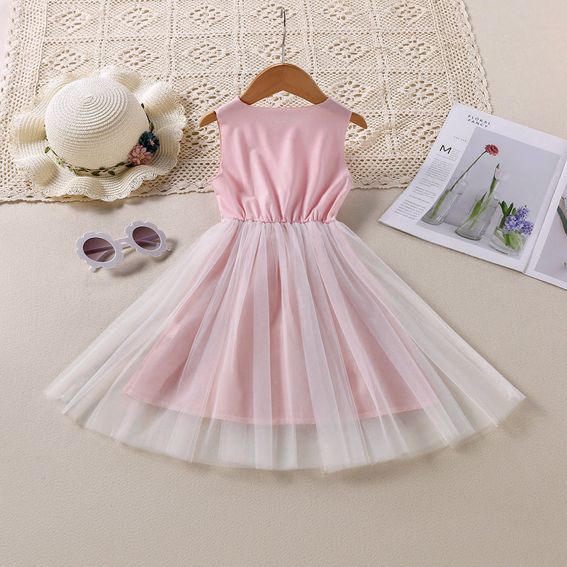 Toddler Kids Girls Summer Solid Color Cartoon Swan Print Sleeveless Mesh Stitched Vest Dress - PrettyKid