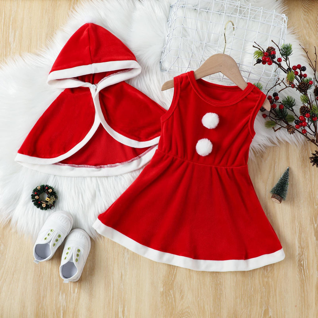 Girls 2022 Christmas Vest Dress Cape Red Suit - PrettyKid