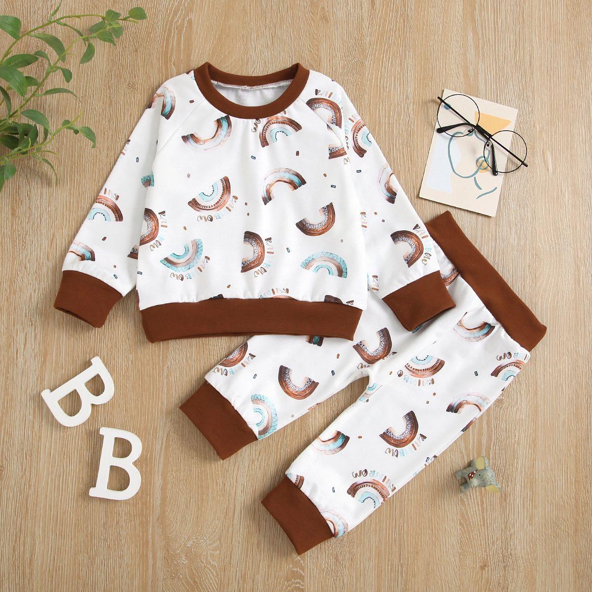 Toddler Boys Solid Rainbow Print Collar Panel Long Sleeve Set - PrettyKid