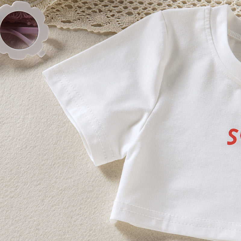 Toddler Kids Girls Solid Letter Short Sleeve T-shirt with Love Print Skirt Set - PrettyKid