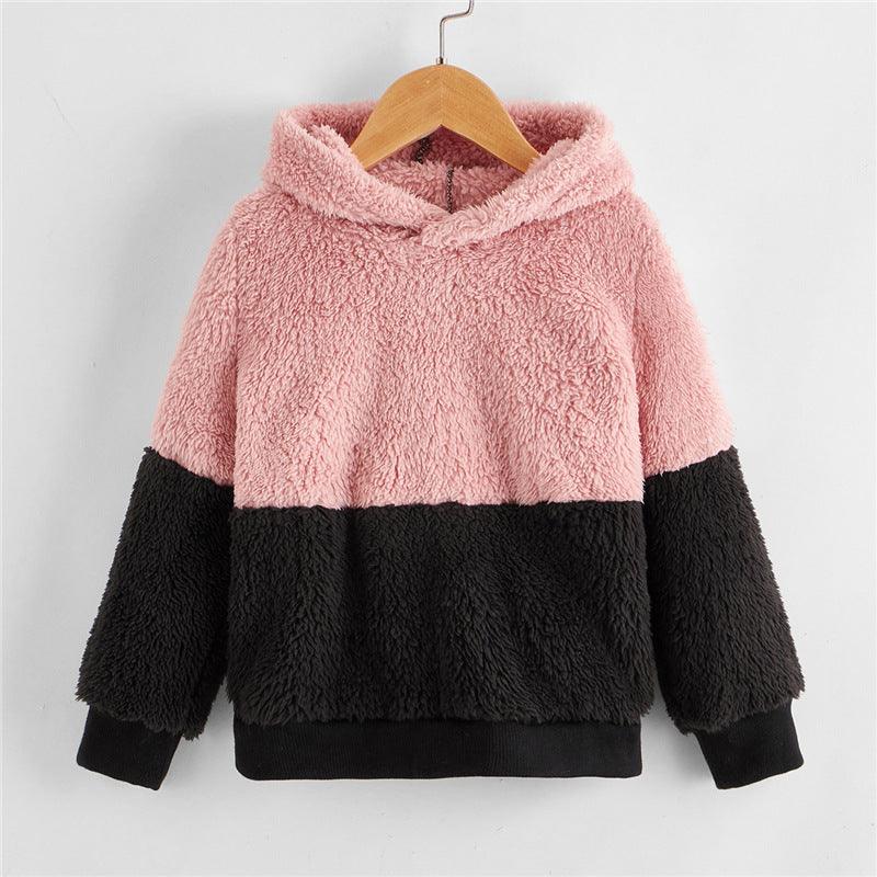 2021 Autumn Winter Children's Solid Color Contrast Multi Panel Hooded Furry Sweater - PrettyKid