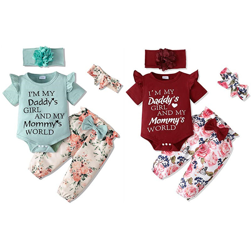 Baby Girls Solid Color Letter Short Sleeved Jumpsuit Flower Print Pants Hair Band Set - PrettyKid