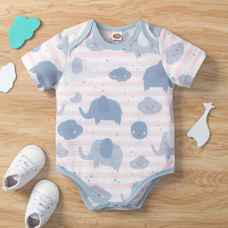 Baby Short Sleeved Elephant Stripe Print Jumpsuit Romper - PrettyKid