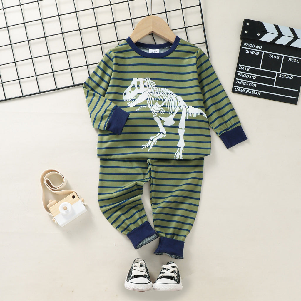 Toddler Kids Boys Striped Dinosaur Print Round Neck Long Sleeved Suit - PrettyKid