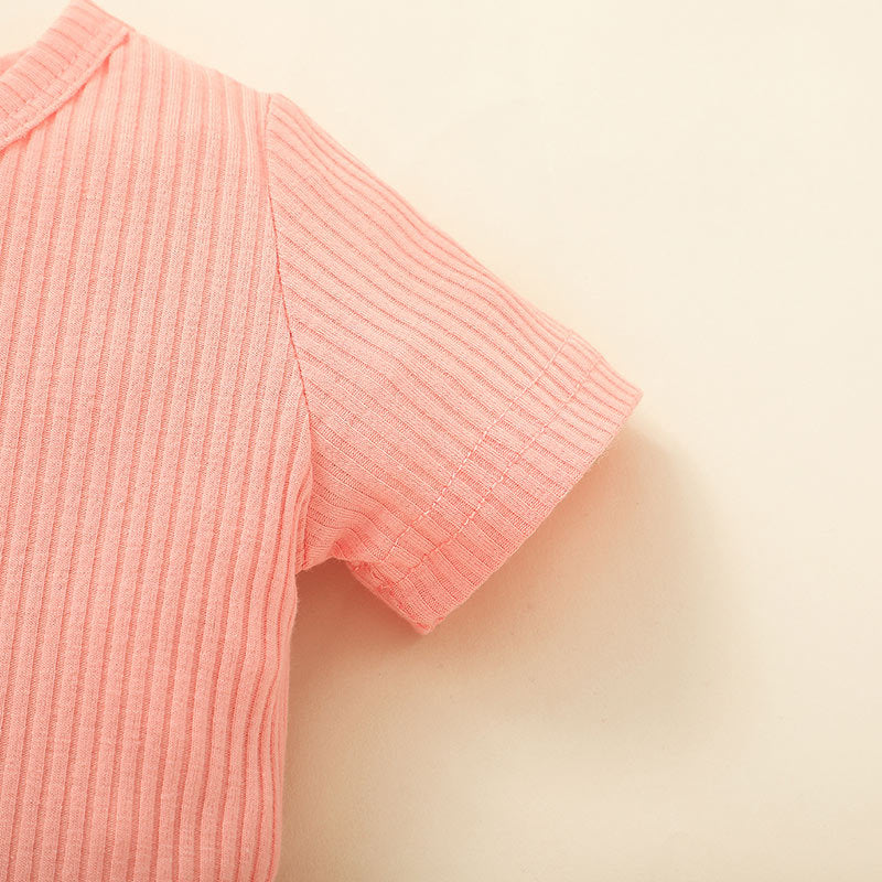 Baby Girls Solid Short Sleeved Jumpsuit Flower Print Suspender Dress Set - PrettyKid