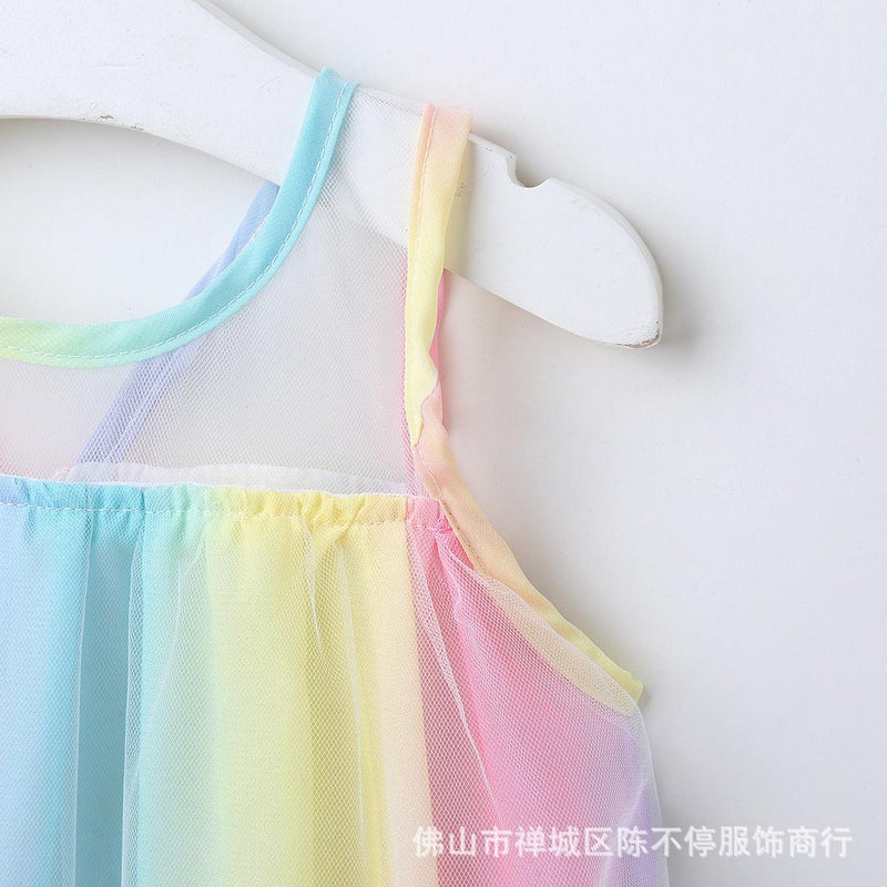 Toddler Kids Summer Sleeveless Rainbow Halter Mesh Dress - PrettyKid