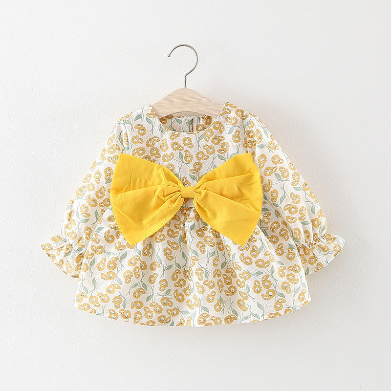 Spring Child Dress Solid Color Bow Small Flower Print Dress - PrettyKid
