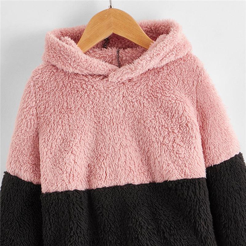 2021 Autumn Winter Children's Solid Color Contrast Multi Panel Hooded Furry Sweater - PrettyKid