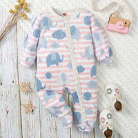 Baby Boys Girls Cartoon Elephant Print Striped Slash Wrapped Feet Jumpsuit - PrettyKid