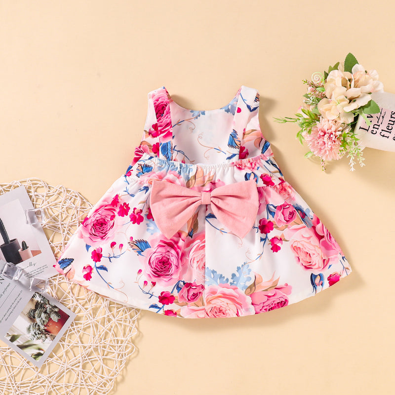 Toddler Girls Flower Print Butterfly Dew Back Dress - PrettyKid