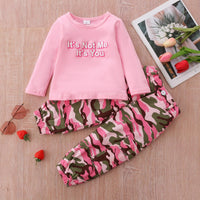 Toddler Girls Solid Color Round Neck Long Sleeve T-shirt Camouflage Pants Set - PrettyKid