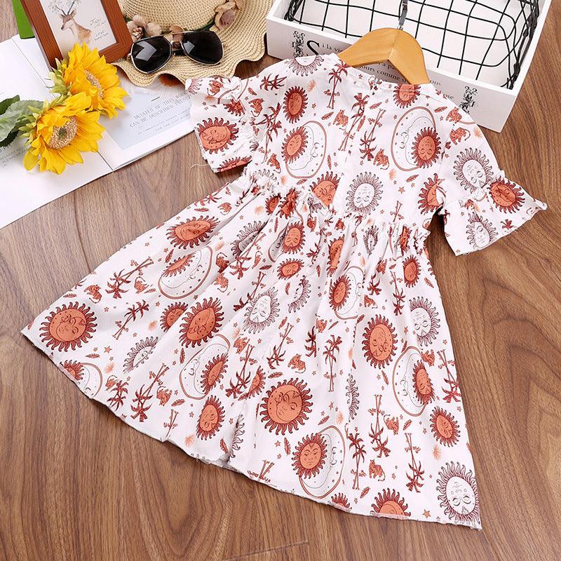 Kids Girls Solid Flower Print Short Sleeve Dress - PrettyKid