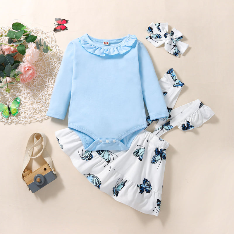 Baby Girls Solid Color Lace Neckline Jumpsuit Butterfly Print Straps Dress Headdress Three Pieces - PrettyKid