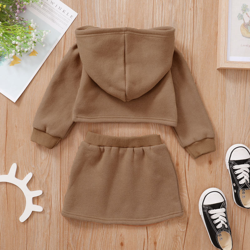 Toddler Kids Girl Solid Color Long Sleeve Hooded Short Top Skirt Set - PrettyKid