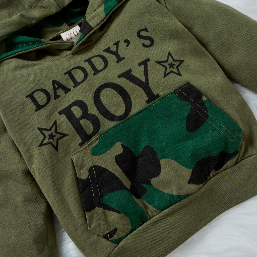 Baby Boys Solid Letter Print Hoodie Camouflage Pants Set - PrettyKid