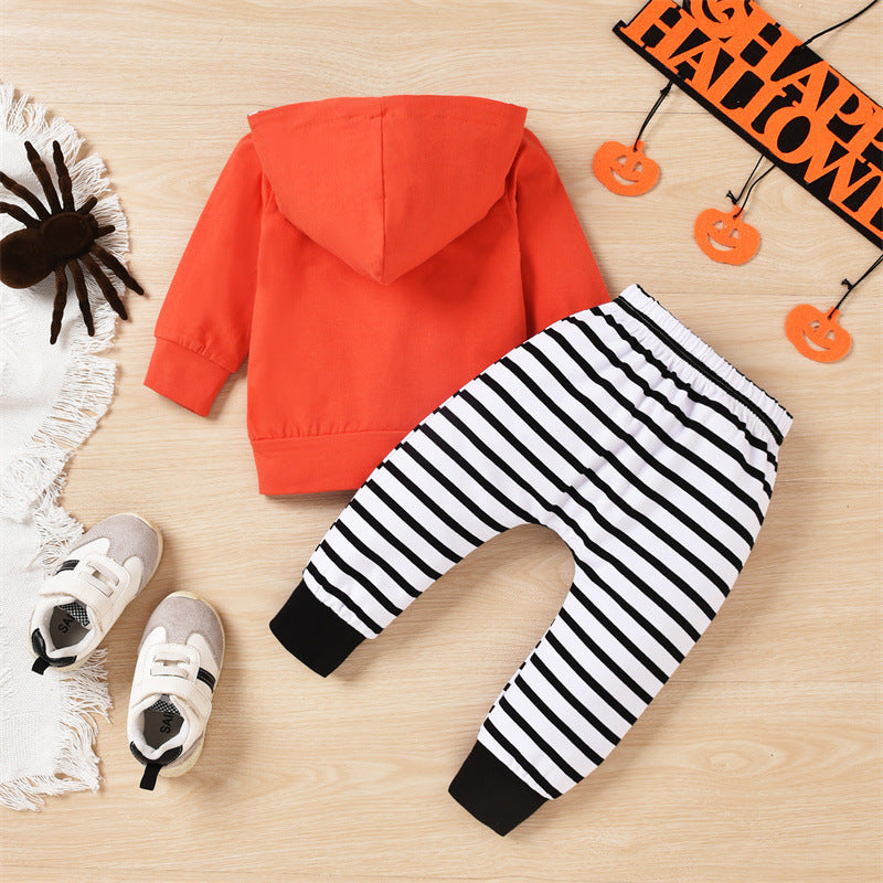 Toddler Boys Halloween Pumpkin Hoodie Striped Pants Set - PrettyKid