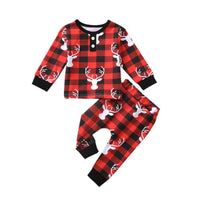 Children Cartoon Deer Head Christmas Print Plaid Long Sleeve Christmas Suit - PrettyKid