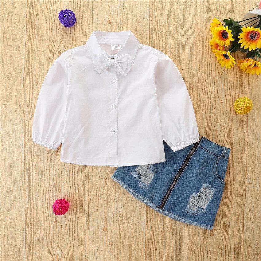 Toddler Kids Girls White Shirt Bow Denim Skirt Set - PrettyKid