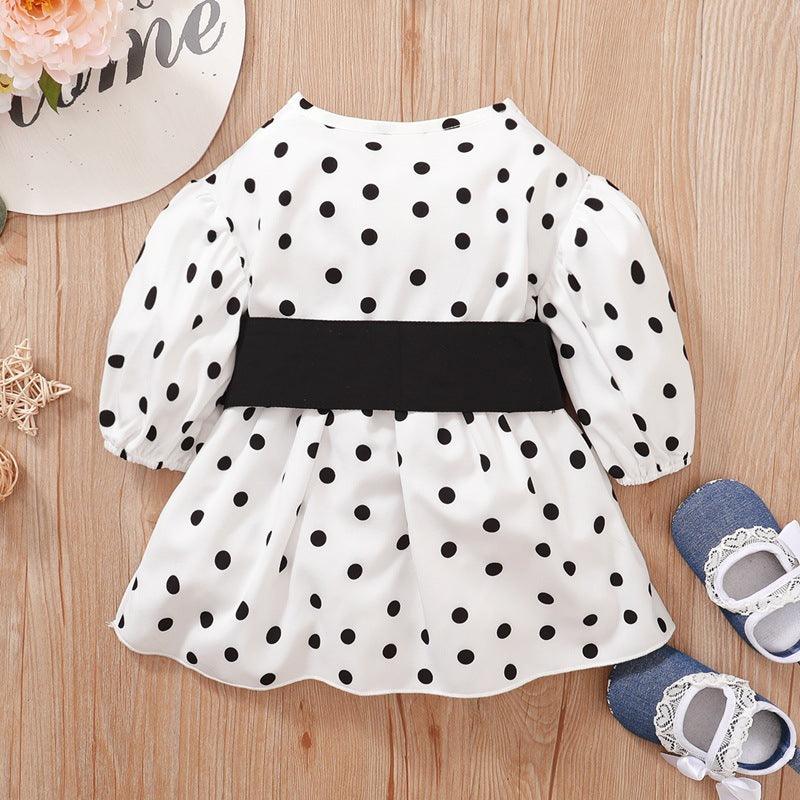 Toddler Girls Polka Dot Waistband Long Sleeve Dress - PrettyKid