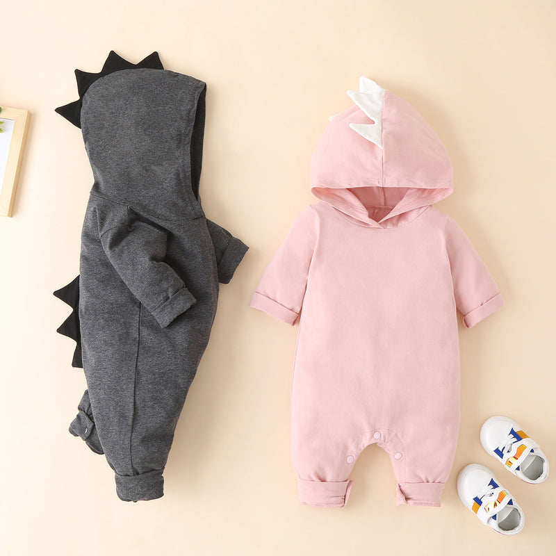 Autumn Winter Baby Solid Color Dinosaur Hooded Long Sleeve Jumpsuit - PrettyKid