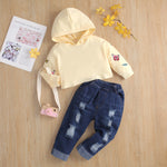 Toddler Kids Girls Long Sleeve Printed Hoodie with Holes Jeans Pants Set - PrettyKid