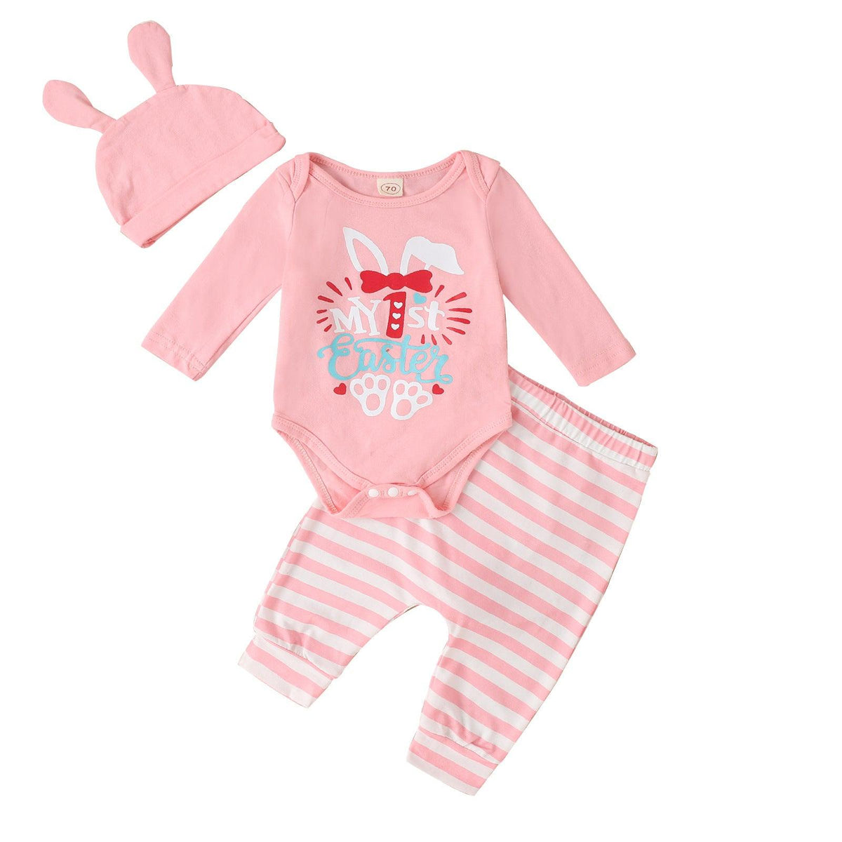 Rabbit Print Long-sleeved Romper Striped Trousers with Hat Three-piece Set for Boys and Girls