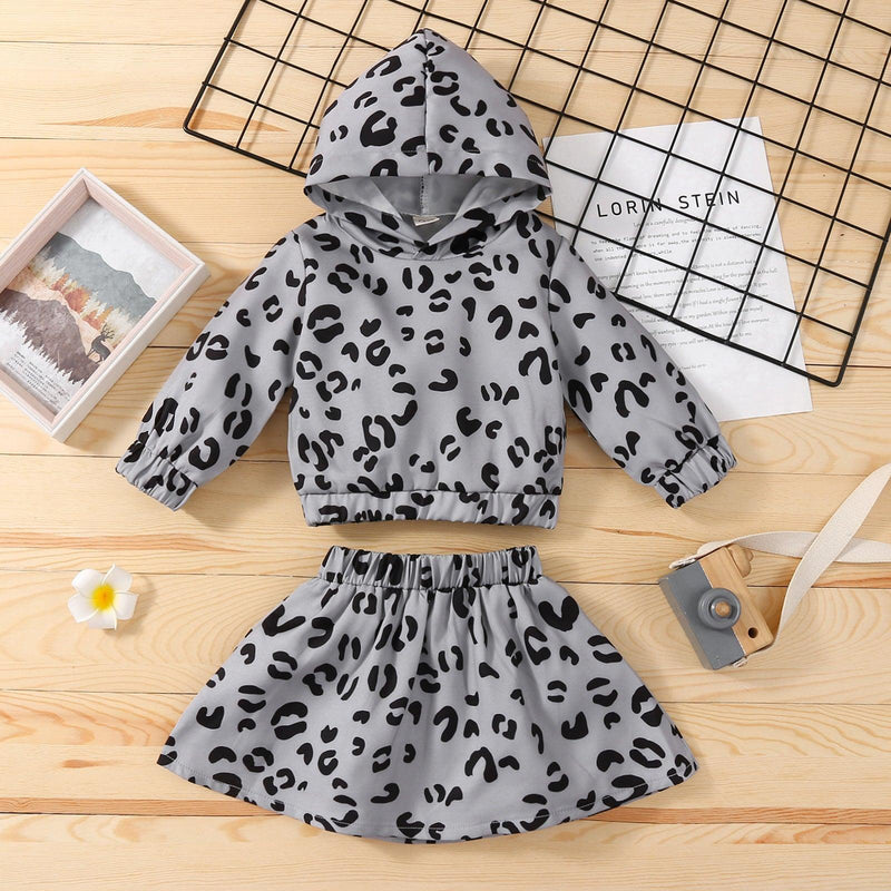 Toddler Kids Girls Solid Color Leopard Print Long Sleeve Hooded Sweatshirt Short Skirt Set - PrettyKid