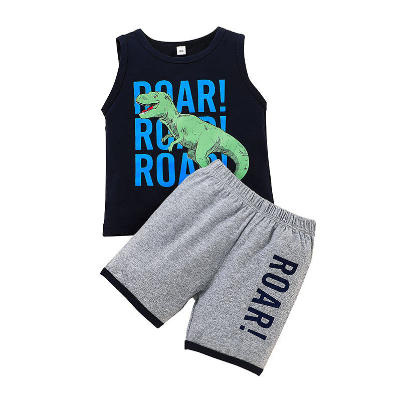 Toddler Kids Boys Solid Colour Monogrammed Dinosaur Print Vest Top and Shorts Set - PrettyKid