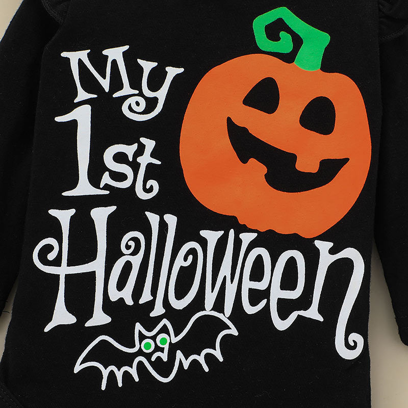 Baby Girls Letter Halloween Pumpkin Print Top Wave Dot Pants Two Piece Set Bulk Childrens Clothing - PrettyKid