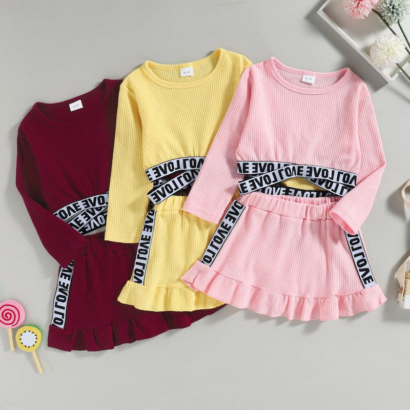 Toddler Kids Girls Solid Color Letters Stitching Long Sleeved Top Ruffle Short Skirt Set - PrettyKid