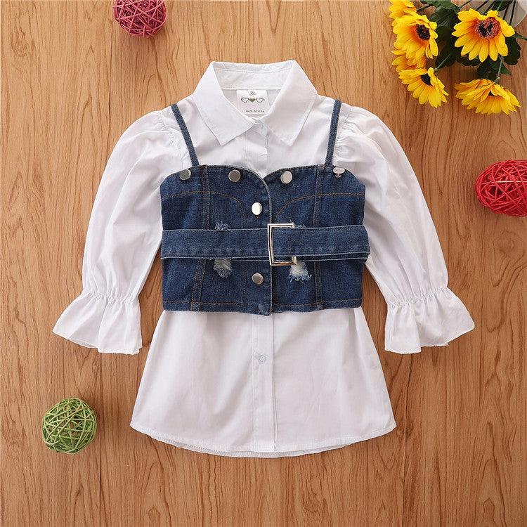 Toddler Kids Girls Dress White Long Sleeved Shirt Skirt Cowboy Suspender Vest Suit Trendy Girl Clothes Wholesale - PrettyKid