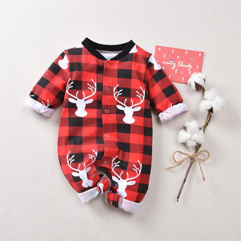 Children Cartoon Deer Head Christmas Print Plaid Long Sleeve Christmas Suit - PrettyKid