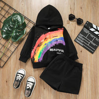 Toddler Kids Boys Rainbow Print Long-sleeved Hooded Sweatshirt Shorts Set - PrettyKid