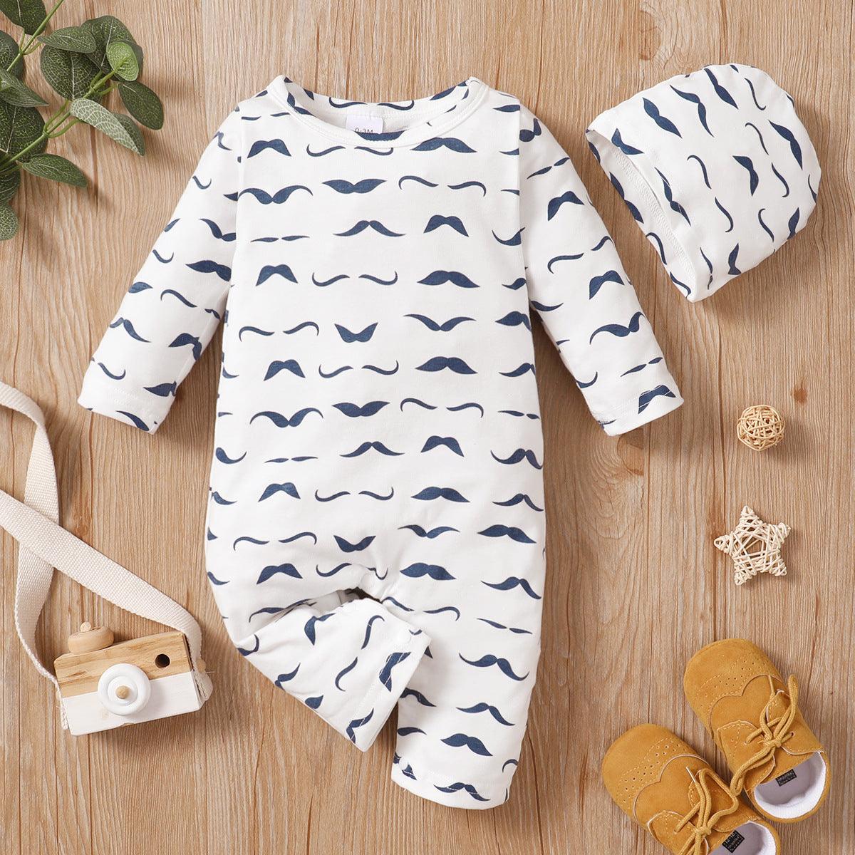 Baby Boys Solid Letter Cartoon Moustache Printed Long Sleeve Jumpsuit Hat Set - PrettyKid