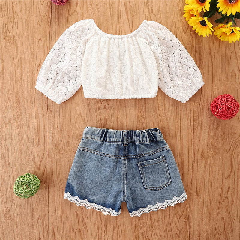Toddler Kids Girls White Lace Short Sleeve Top Denim Shorts Set Wholesale Girls Boutique Clothing - PrettyKid