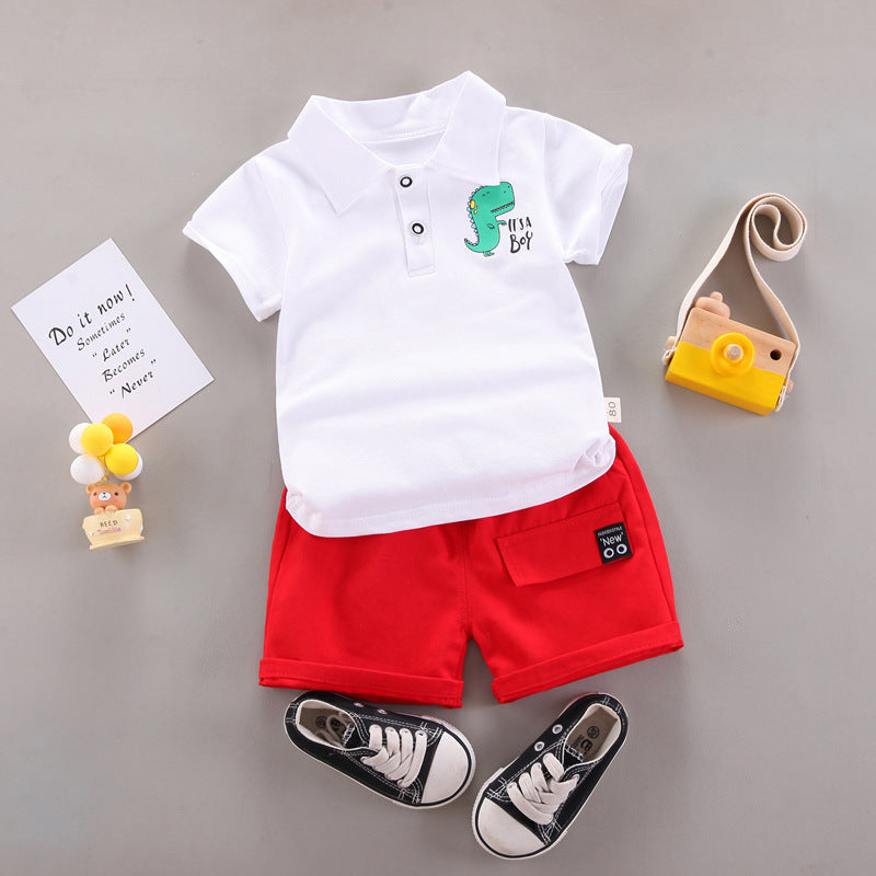 Children's Suit Solid Color POLO Dinosaur Printing Short-sleeved Shorts Summer Cotton Two-piece Set