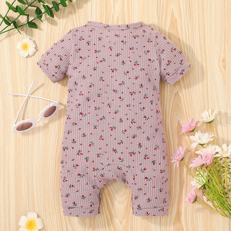Baby Girl Solid Colour Floral Print Round Neck Short Sleeve Jumpsuit - PrettyKid