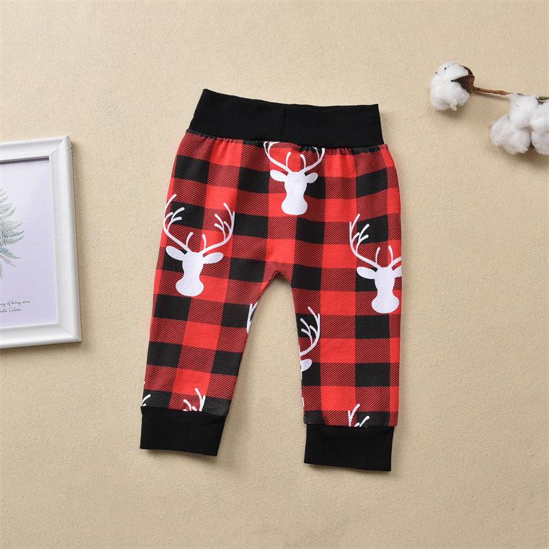 Children Cartoon Deer Head Christmas Print Plaid Long Sleeve Christmas Suit - PrettyKid