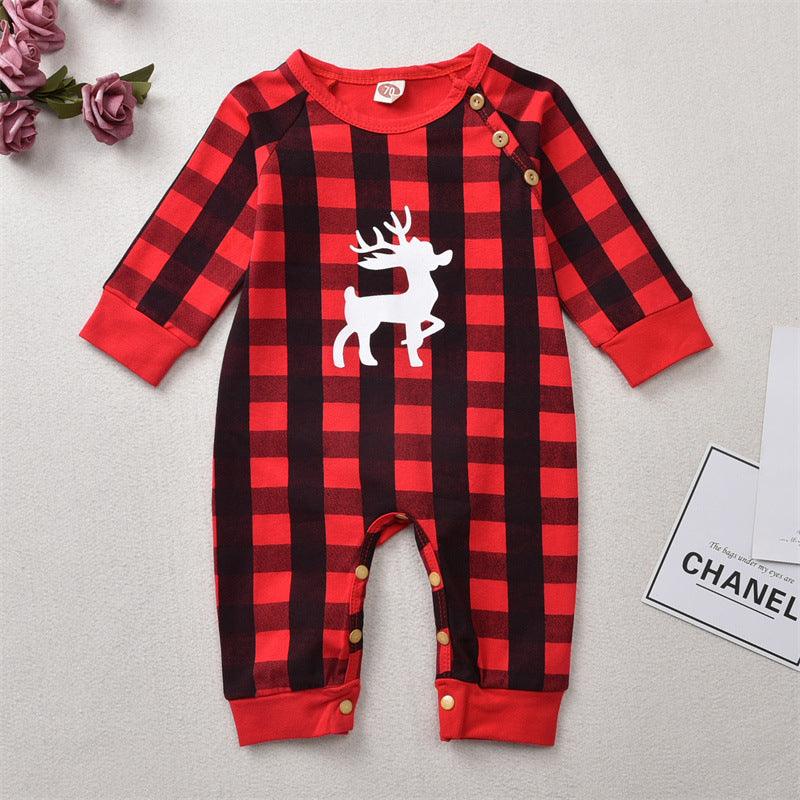 Baby Boys Girls Plaid Print Christmas Deer Long-sleeved Jumpsuit - PrettyKid