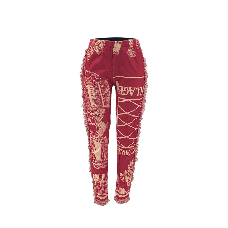 Women's Colorful Fringed Flannel Pants- Red - PrettyKid