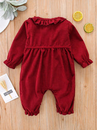 Baby Girls Corduroy Red Lace Neckline Diagonal Buckle Jumpsuit - PrettyKid