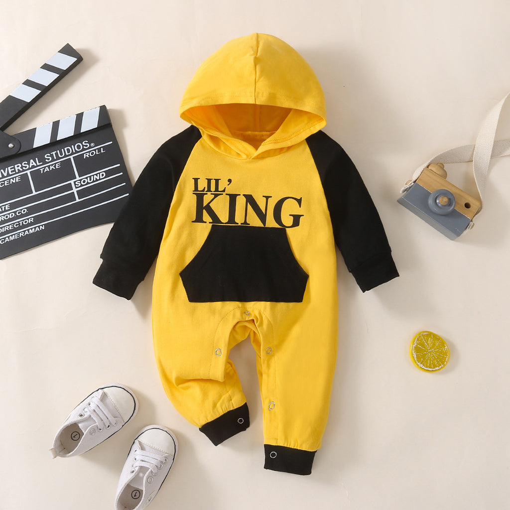 Baby Boys Long Sleeve King Letter Printed Black and Yellow Patchwork Hoodie - PrettyKid