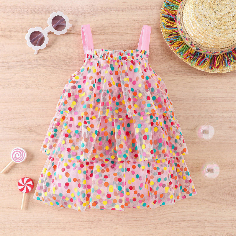 Summer Girls' Rainbow Polka Dot Gauze Sling Cake Skirt Girls' Dress