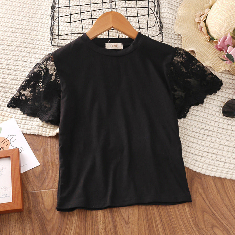 Kids Girls Black Lace Stitched Short Sleeved Top Bow Skirt Suit - PrettyKid