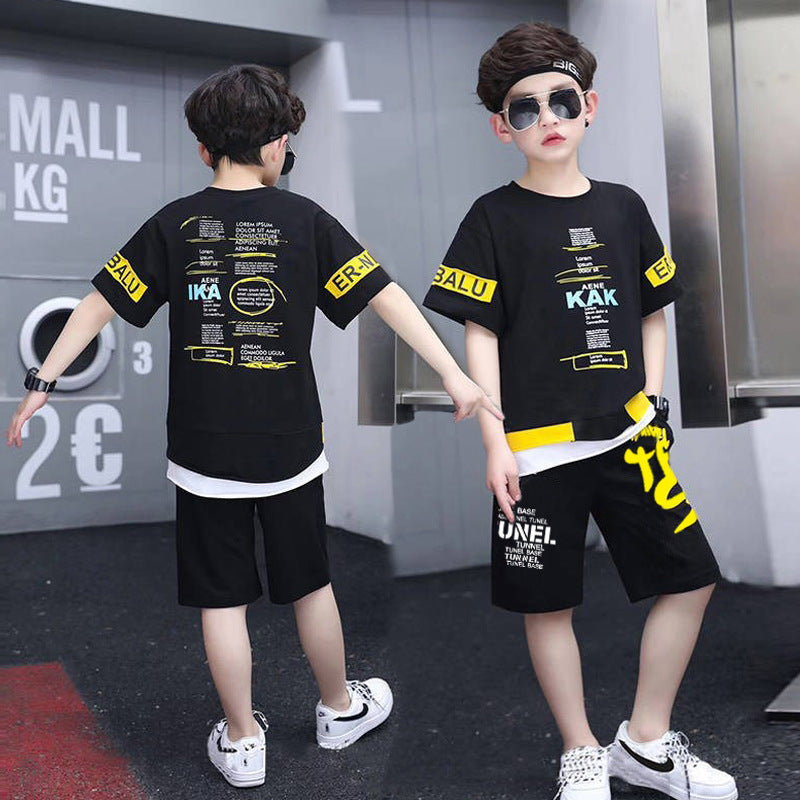 Boys Solid Letter Print Stitching Fake Two Piece Short Sleeved T-Shirt Top Shorts Summer Set - PrettyKid
