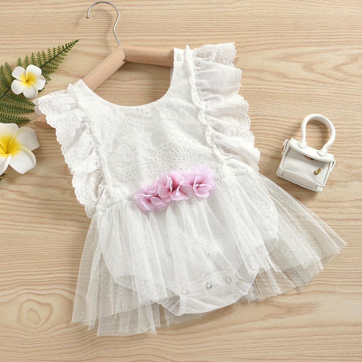 Baby Girls Peach Blossom Lace White Mesh Splicing Jumpsuit - PrettyKid