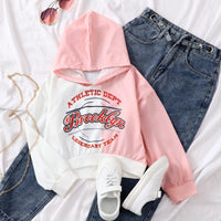 Kids Girl Pink and White Collision Letters Long Sleeve Hooded Sweatshirt Only Top - PrettyKid