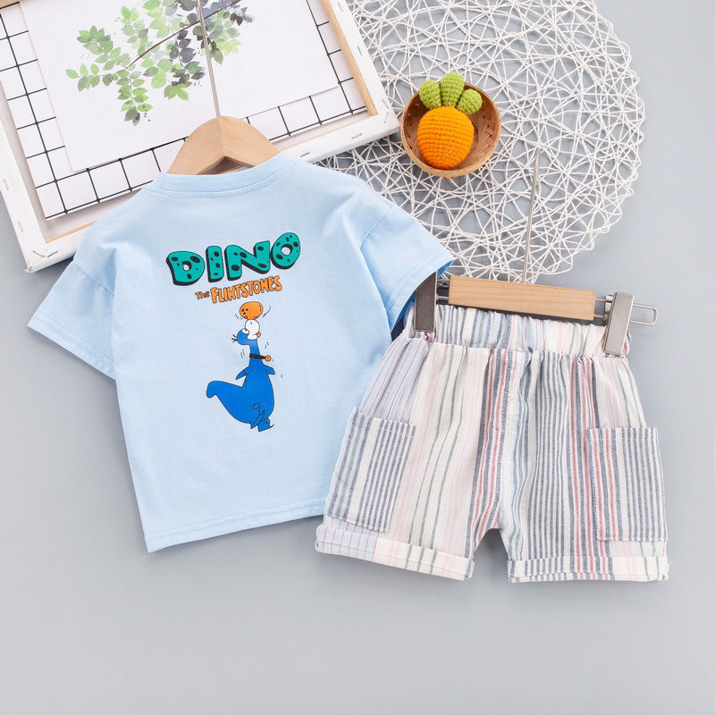 9months-3years Toddler Boy Sets Children's Clothing Suits Letters Cartoon Short-Sleeved T-Shirt & Striped Shorts - PrettyKid